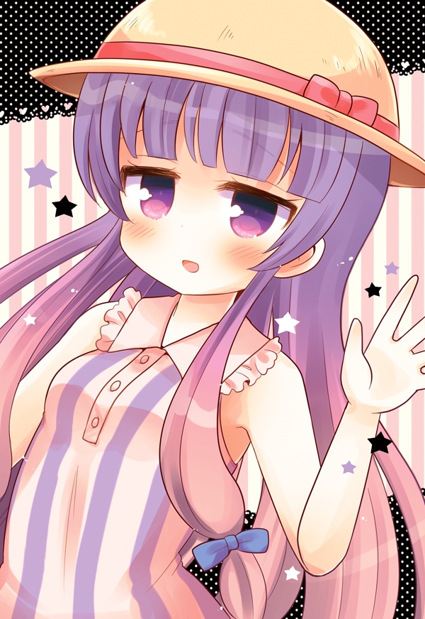 1girl :d bangs bare_arms bare_shoulders blue_bow blunt_bangs blush bow breasts commentary_request dress eyebrows_visible_through_hair hair_bow hand_up hat hat_bow looking_at_viewer marshmallow_mille open_mouth patchouli_knowledge pink_bow polka_dot purple_hair sleeveless sleeveless_dress small_breasts smile solo star striped touhou vertical-striped_background vertical-striped_dress vertical_stripes violet_eyes yellow_hat