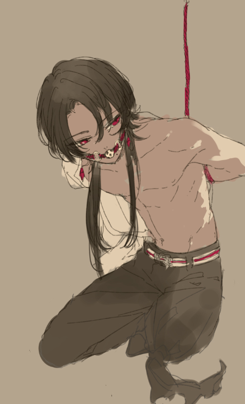 1boy ball_gag bdsm belt bondage bound brown_hair collarbone gag hanasaki_coa kashuu_kiyomitsu looking_to_the_side male_focus navel open_clothes open_shirt red_eyes rope shibari shirt solo touken_ranbu