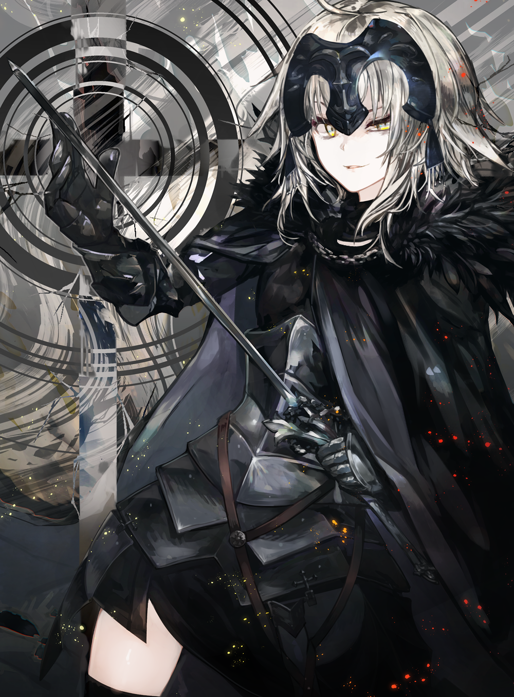 1girl ahoge armor armored_dress black_armor black_cape black_dress black_legwear blonde_hair cape chains cowboy_shot dress fate/grand_order fate_(series) fur_collar gauntlets headpiece highres holding holding_sword holding_weapon jeanne_d'arc_(alter)_(fate) jeanne_d'arc_(fate)_(all) kusakanmuri looking_away looking_to_the_side pale_skin sheath short_dress short_hair smile solo standing sword thigh-highs uneven_eyes weapon yellow_eyes zettai_ryouiki