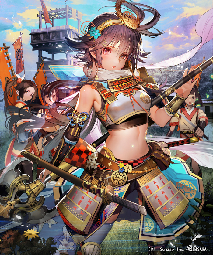 4girls armor armpits bare_shoulders belt blue_sky bracer clouds cloudy_sky contrapposto cowboy_shot detached_sleeves eyeshadow faulds hair_between_eyes hairband hand_up holding holding_weapon japanese_armor katana liduke long_hair looking_at_viewer makeup midriff multiple_girls navel official_art outdoors pink_eyes purple_hair sengoku_saga sky solo_focus standing sword watermark weapon