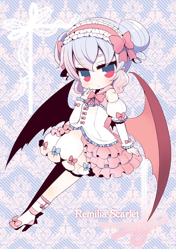 1girl alternate_costume alternate_hairstyle ankle_lace-up bangs bat_wings blush bow character_name closed_mouth commentary_request cross-laced_footwear detached_sleeves double_bun eyebrows_visible_through_hair frilled_hairband full_body hair_between_eyes hair_bow hairband hand_to_own_mouth high_heels long_sleeves marshmallow_mille pink_bow pink_footwear pink_hairband pleated_skirt puffy_short_sleeves puffy_sleeves purple_hair red_eyes red_wings remilia_scarlet shirt short_over_long_sleeves short_sleeves side_bun skirt socks solo touhou white_legwear white_shirt white_skirt wings