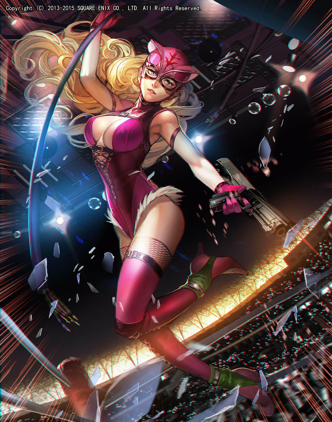 1girl armpits bare_shoulders blonde_hair blue_eyes boots breasts cable emperors_saga firing fur_trim gloves gun handgun high_heel_boots high_heels highres holding holding_gun holding_weapon jumping large_breasts leotard liduke long_hair looking_at_viewer mask night official_art outdoors panorama parted_lips pink_footwear pink_gloves pink_legwear pink_leotard pistol solo thigh-highs watermark weapon