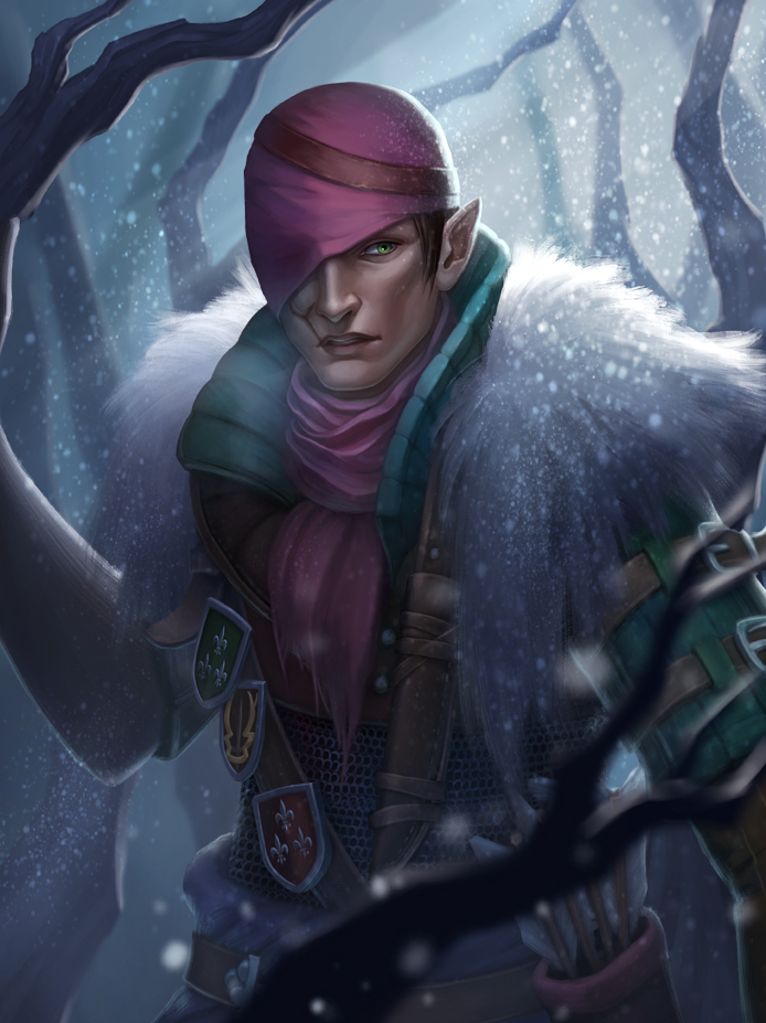 1boy arrow brown_hair fur_trim green_eyes hat iorveth male_focus one_eye_covered open_mouth pointy_ears quiver scar scarf snowing solo teeth the_witcher the_witcher_2 tree upper_body vrihedd