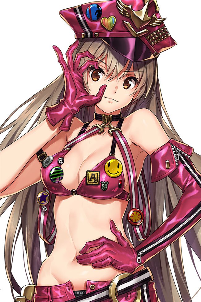 1girl armpits badge bangs bare_shoulders black_panties breasts brown_eyes brown_hair button_badge choker cleavage closed_mouth clothes_writing copyright_request elbow_gloves eyebrows_visible_through_hair gloves hair_between_eyes hand_on_own_stomach hat heart long_hair looking_at_viewer medium_breasts navel open_fly panties panty_peek peaked_cap pink_gloves pink_hat saitou_masatsugu simple_background single_elbow_glove smile smiley_face solo stomach straight_hair tareme unbuttoned underwear upper_body white_background zipper zipper_pull_tab