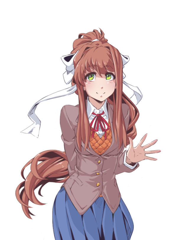 1girl arm_behind_back blue_skirt brown_hair doki_doki_literature_club eyebrows_visible_through_hair green_eyes jacket long_hair looking_at_viewer monika_(doki_doki_literature_club) neck_ribbon petite-emi pleated_skirt ponytail ribbon school_uniform shirt sidelocks simple_background skirt smile solo very_long_hair waving white_background white_ribbon white_shirt