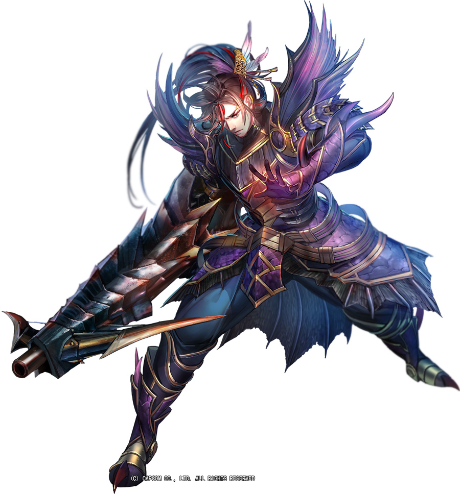 1boy belt boots bow_(weapon) brown_eyes brown_hair closed_mouth crossbow faulds full_body gauntlets gloves liduke long_hair looking_at_viewer male_focus monster_hunter multicolored_hair official_art plate_armor ponytail solo standing streaked_hair watermark weapon