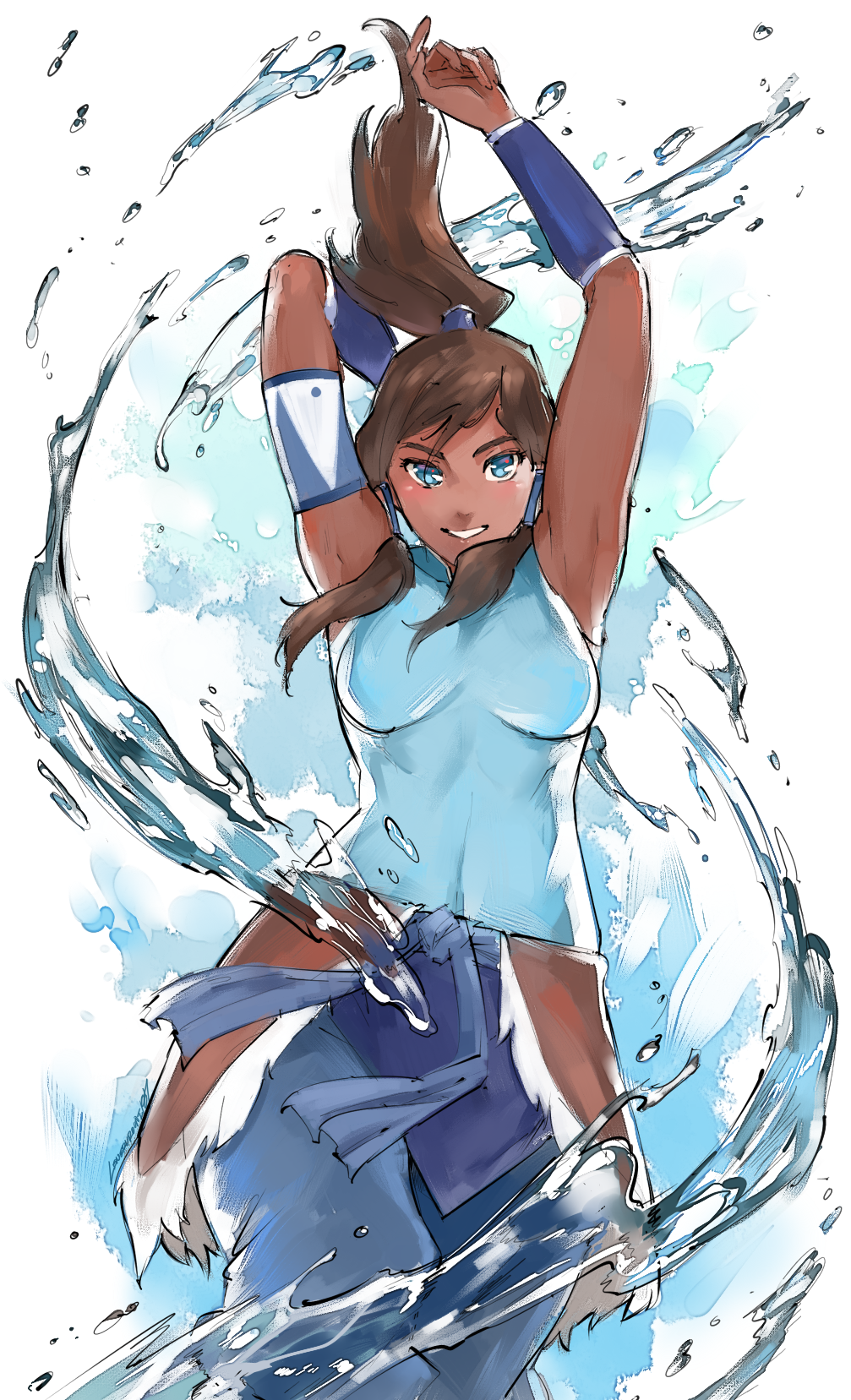 1girl armband armpits avatar_(series) blue_eyes covered_navel dark_skin element_bending highres kenshin187 korra looking_at_viewer pelt sash simple_background sleeveless smile solo the_legend_of_korra water