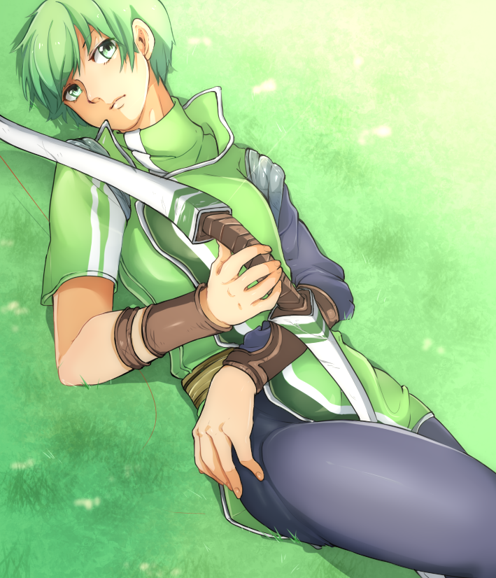 1boy bow_(weapon) bracelet fire_emblem fire_emblem:_mystery_of_the_emblem gordon_(fire_emblem) grass green_eyes green_hair jewelry kizi_sizui23 male_focus solo upper_body weapon