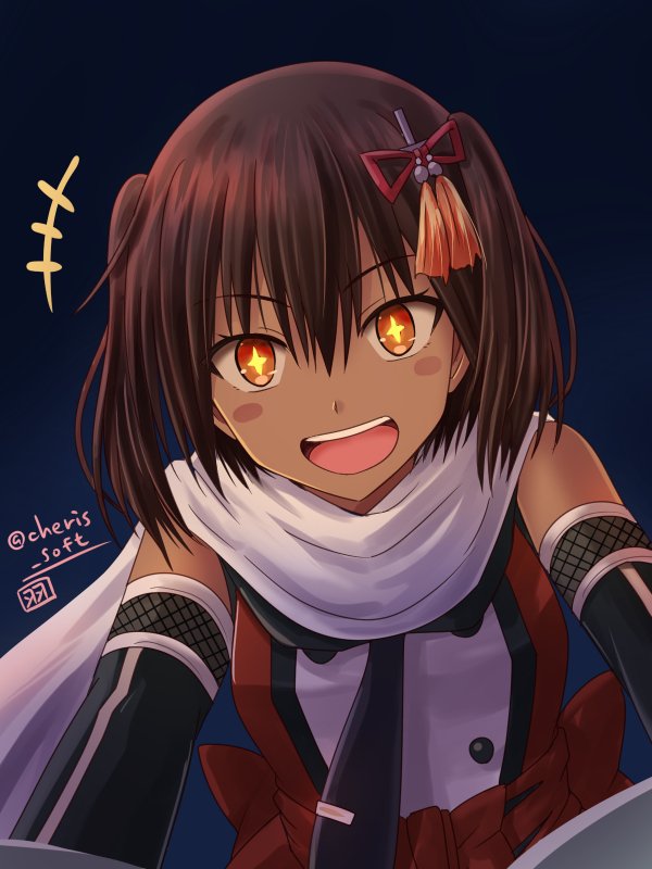 +_+ 1girl :d black_gloves brown_eyes brown_hair commentary elbow_gloves from_below gloves hair_ornament haura_akitoshi kantai_collection looking_at_viewer night_battle_idiot open_mouth remodel_(kantai_collection) scarf school_uniform sendai_(kantai_collection) serafuku short_hair smile solo twitter_username two_side_up white_scarf