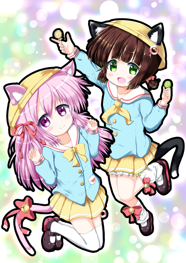 2girls :d animal_ears arm_up azur_lane bangs bell blue_shirt blush bow brown_footwear brown_hair candy cat_ears cat_girl cat_tail closed_mouth commentary_request ears_through_headwear eyebrows_visible_through_hair fang food green_eyes hair_between_eyes hair_bow hair_ribbon hands_up hat holding holding_lollipop jingle_bell kindergarten_uniform kisaragi_(azur_lane) lifebuoy lollipop long_sleeves looking_at_viewer loose_socks mary_janes multiple_girls mutsuki_(azur_lane) open_mouth pink_bow pink_hair pink_ribbon pleated_skirt polka_dot ribbon rsu511 school_hat shirt shoes short_twintails skirt smile socks tail tail_bell tail_bow thigh-highs twintails violet_eyes white_legwear yellow_hat yellow_skirt