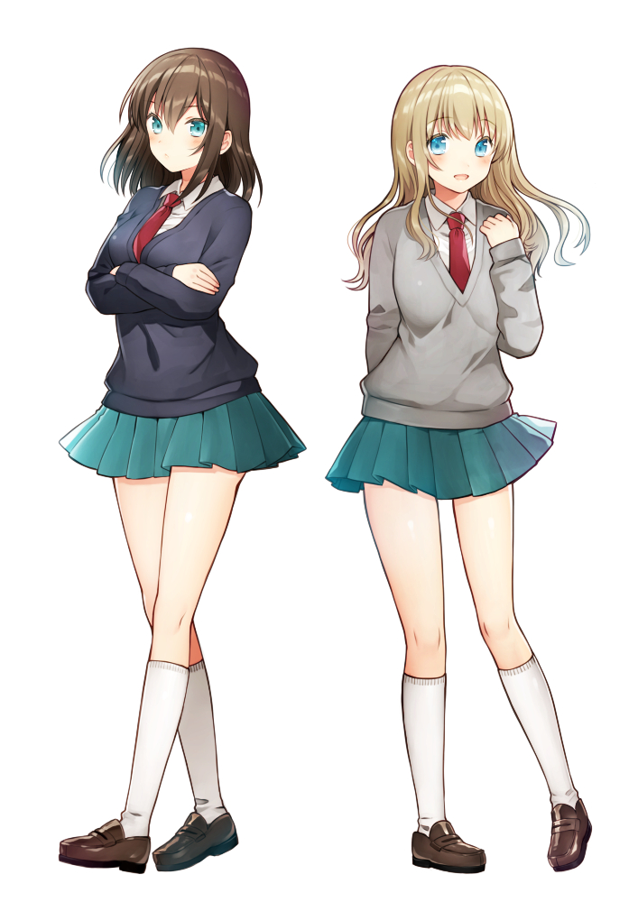 2girls :d aqua_skirt arm_behind_back black_sweater blonde_hair blush breasts brown_footwear brown_hair closed_mouth crossed_arms eyebrows_visible_through_hair full_body grey_sweater kneehighs kurata_rine legs_apart loafers long_hair long_sleeves looking_at_viewer miniskirt multiple_girls necktie open_mouth original pleated_skirt red_neckwear school_uniform shoes sidelocks simple_background skirt smile standing sweater tareme white_background white_legwear wing_collar