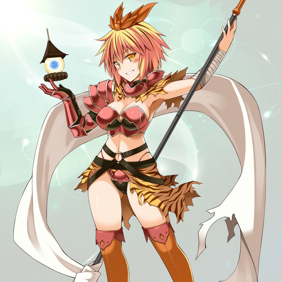 1girl alternate_costume animal_print armor armpits ass_visible_through_thighs bishamonten's_pagoda black_hair black_panties blonde_hair boots breasts cleavage gauntlets hair_ornament hands_up highleg highleg_panties large_breasts looking_at_viewer multicolored_hair navel o-ring oota_yuuichi orange_footwear panties polearm shawl shoulder_pads showgirl_skirt smile solo spear thigh-highs thigh_boots tiger_print toramaru_shou touhou two-tone_hair underwear weapon yellow_eyes