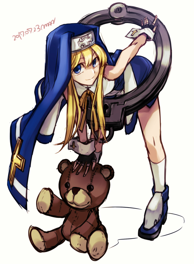 1boy blonde_hair blue_eyes bridget_(guilty_gear) cuffs fingerless_gloves gloves guilty_gear handcuffs leaning_forward looking_up maka_(morphine) male_focus nun otoko_no_ko short_hair solo stuffed_animal stuffed_toy