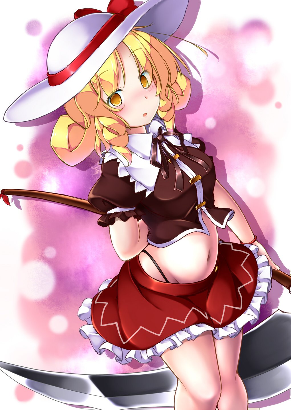 1girl aka_tawashi arm_behind_back black_panties blonde_hair breasts crop_top elly frilled_skirt frills hat hat_ribbon highleg highleg_panties highres holding legs_together looking_at_viewer medium_breasts midriff miniskirt navel panties parted_lips puffy_short_sleeves puffy_sleeves red_ribbon red_skirt ribbon scythe short_sleeves skirt solo stomach touhou touhou_(pc-98) underwear white_hat yellow_eyes