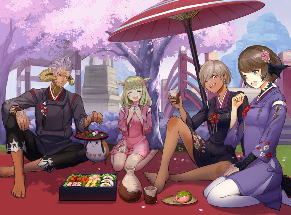 1boy 3girls animal_ears au_ra barefoot blonde_hair blue_eyes brown_eyes brown_hair cat_ears cherry_blossoms closed_eyes day dragon_horns dragon_tail earrings facial_mark final_fantasy final_fantasy_xiv flower food grey_hair hair_flower hair_ornament hanami horns hyur japanese_clothes jewelry long_hair looking_at_another looking_back miqo'te moko_(user_vnsh2874) multiple_girls one_eye_closed open_mouth oriental_umbrella outdoors scales short_hair sitting tail umbrella white_legwear