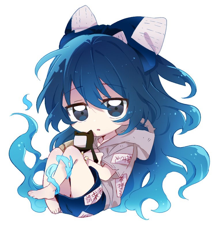 1girl bangs bare_legs barefoot blue_bow blue_eyes blue_hair blue_skirt bow chibi eyebrows_visible_through_hair full_body hair_bow holding holding_stuffed_animal hood hoodie long_hair looking_at_viewer short_sleeves simple_background six_(fnrptal1010) skirt solo stuffed_animal stuffed_cat stuffed_toy touhou very_long_hair white_background yorigami_shion