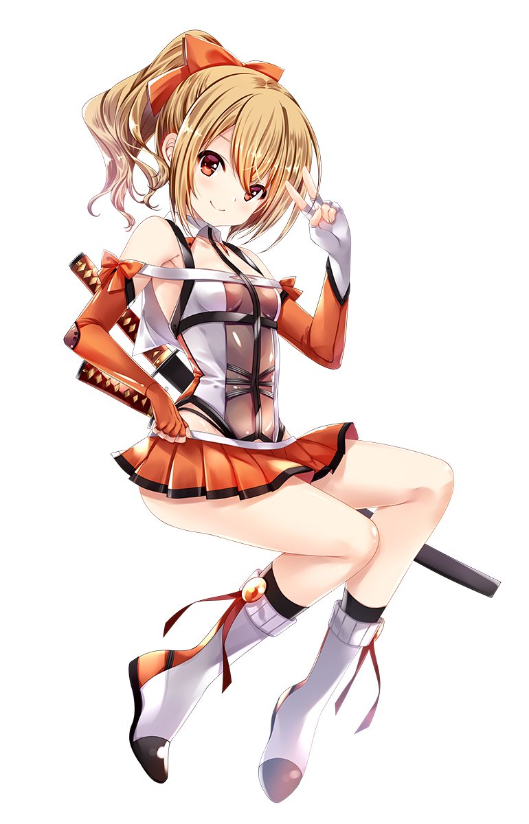 1girl bangs bare_shoulders blonde_hair blush bodysuit boots bow breasts closed_mouth commentary_request elbow_gloves fingerless_gloves full_body gloves high_ponytail highres isosaki_iori_(taimanin_asagi_battle_arena) knee_boots long_hair looking_at_viewer microskirt multiple_swords ninja official_art pleated_skirt ponytail red_eyes ribbon sakuranbo sheath sheathed simple_background skirt sleeveless small_breasts smile solo sword sword_behind_back taimanin_(series) taimanin_asagi_battle_arena v weapon white_background