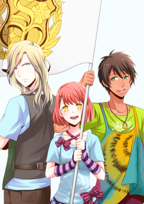 1girl 2boys :d aijima_cecil arm_warmers blue_eyes bow brown_eyes brown_pants camus_(uta_no_prince-sama) cowboy_shot dark_skin dark_skinned_male flag frown green_eyes jewelry light_brown_hair looking_at_viewer looking_back multiple_boys nanami_haruka necklace open_mouth pants pink_hair polka_dot polka_dot_bow saklo short_hair smile standing striped striped_bow uta_no_prince-sama