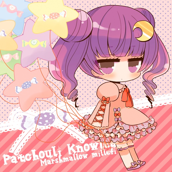 1girl artist_name balloon bangs blunt_bangs blush bow candy_wrapper character_name chibi closed_mouth commentary_request crescent crescent_hair_ornament diagonal_stripes double_bun dress eyebrows_visible_through_hair hair_ornament holding holding_balloon juliet_sleeves long_hair long_sleeves looking_at_viewer looking_to_the_side marshmallow_mille patchouli_knowledge pink_dress puffy_sleeves purple_bow purple_footwear purple_hair red_bow red_neckwear sandals side_bun sidelocks sleeves_past_wrists solo standing star star_balloon thigh_strap touhou twintails violet_eyes