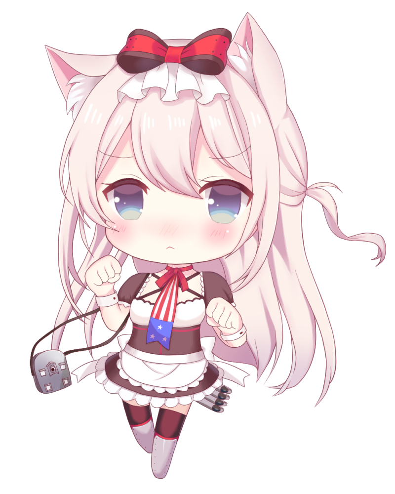 1girl :&lt; american_flag american_flag_print animal_ears apron azur_lane bangs black_dress black_legwear blue_eyes blush bow cannon cat_ears chibi clenched_hands closed_mouth commentary_request dress eyebrows_visible_through_hair flag_print full_body grey_footwear hair_between_eyes hair_bow hammann_(azur_lane) kyuujou_komachi light_brown_hair long_hair looking_at_viewer nose_blush one_side_up print_neckwear red_bow short_sleeves sidelocks simple_background solo standing standing_on_one_leg striped striped_bow thigh-highs torpedo turret very_long_hair waist_apron white_apron white_background wrist_cuffs