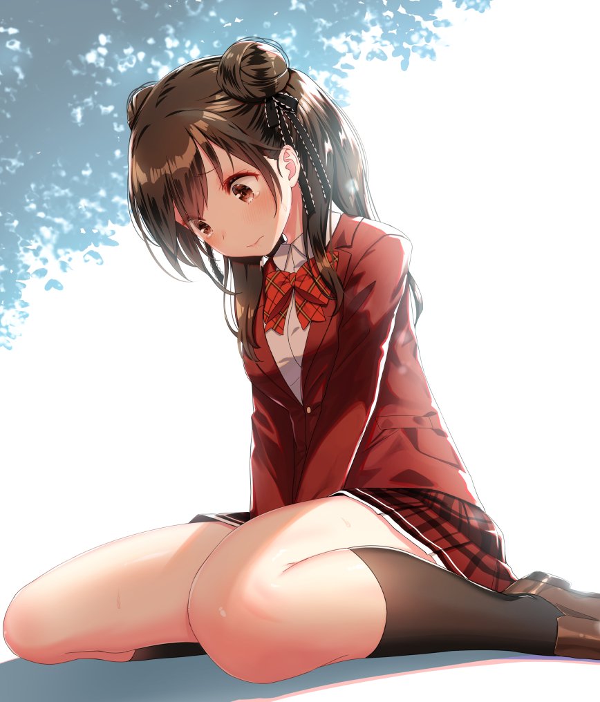 1girl between_legs black_legwear blush bow bowtie brown_footwear brown_hair closed_mouth collared_shirt double_bun hand_between_legs jacket legs long_sleeves looking_down original red_jacket red_neckwear red_skirt school_uniform shirt shoes sitting skirt socks solo tears wariza white_shirt wing_collar yasuyuki