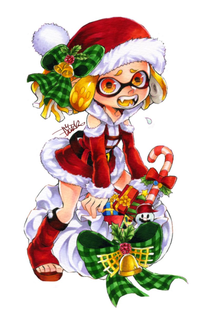 1girl artist_name bag bell black_belt blonde_hair boots bow candy candy_cane detached_sleeves domino_mask dress fangs food full_body gift green_bow hat hat_bow highres inkling isamu-ki_(yuuki) jingle_bell large_bow looking_at_viewer marker_(medium) mask open_mouth oversized_object pointy_ears red_dress red_footwear red_hat santa_costume santa_hat short_dress short_hair signature simple_background solo splatoon splatoon_2 standing surprised tentacle_hair traditional_media white_background yellow_eyes yellow_tongue