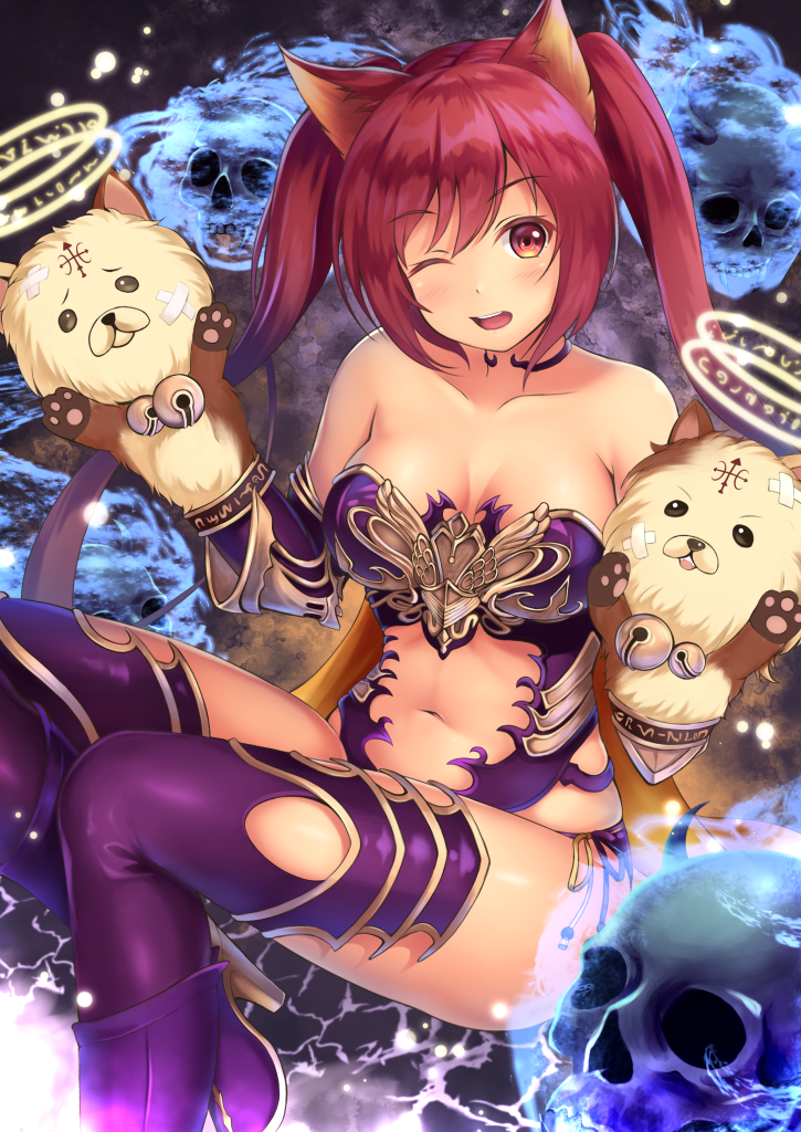 1girl ;d animal_ears arm_guards armor bare_shoulders bell blue_fire blush boots breasts cerberus_(shingeki_no_bahamut) cleavage collarbone crossed_bandaids electricity eyebrows_visible_through_hair fire glowing halo hand_puppet jingle_bell knee_boots light_particles long_hair looking_at_viewer medium_breasts navel navel_cutout one_eye_closed open_mouth puppet purple_footwear purple_legwear red_eyes redhead revealing_clothes shingeki_no_bahamut sitting skull smile solo stomach strapless tareme thigh-highs thighhighs_under_boots twintails very_long_hair yuririn_poi