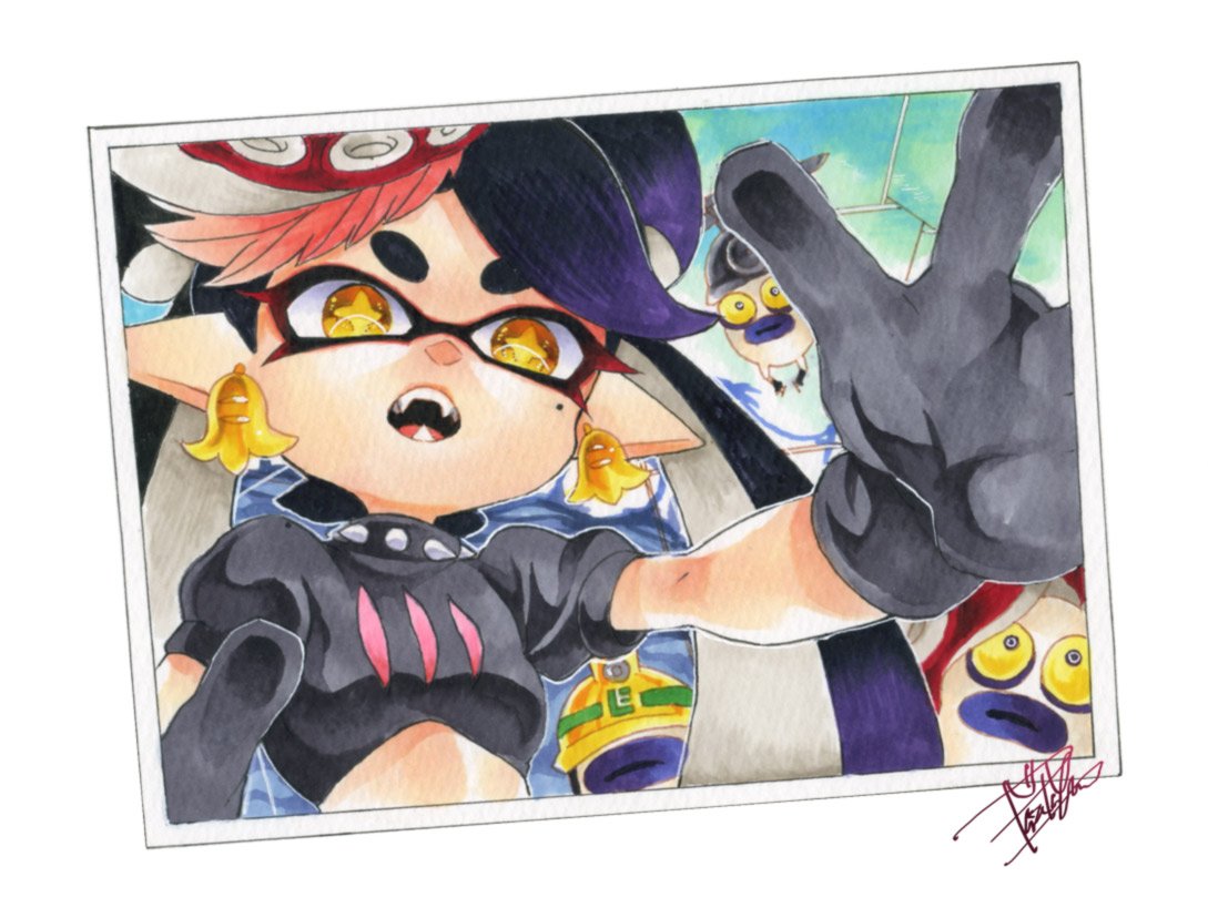 +_+ 1girl :o aori_(splatoon) artist_name black_gloves black_hair brown_eyes collar crop_top domino_mask earrings fangs food food_on_head gloves isamu-ki_(yuuki) jewelry long_hair looking_at_viewer marker_(medium) mask mole mole_under_eye object_on_head octarian octocopter octotrooper open_mouth photo_(object) pointy_ears self_shot short_sleeves signature spiked_collar spikes splatoon splatoon_2 sushi tentacle_hair traditional_media