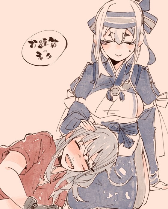 2girls ainu_clothes blue_hair breasts closed_eyes commentary_request dress gangut_(kantai_collection) grey_hair headband itomugi-kun japanese_clothes kamoi_(kantai_collection) kantai_collection large_breasts long_hair multicolored_hair multiple_girls no_hat no_headwear no_jacket open_mouth red_shirt remodel_(kantai_collection) scar scar_on_cheek shirt smile translation_request white_hair