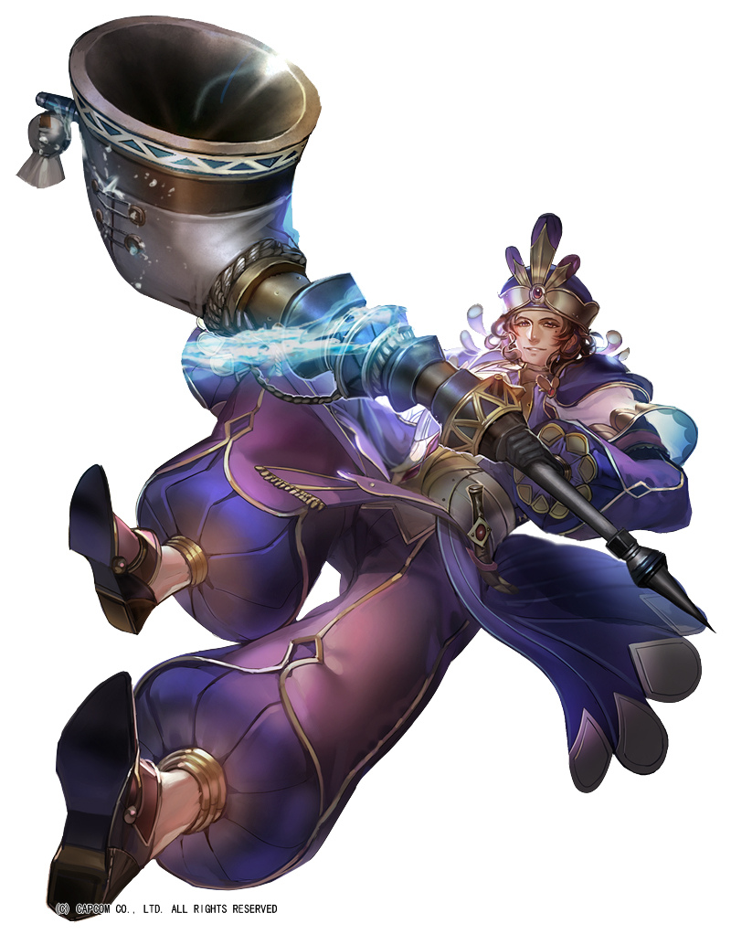 1boy armor black_gloves brown_eyes brown_hair dagger full_body gem gloves hat holding jacket liduke long_sleeves looking_at_viewer mage magic male_focus mole mole_under_eye monster_hunter official_art oversized_object pants pipe puffy_long_sleeves puffy_pants puffy_sleeves purple_jacket purple_pants sheath shoes simple_background smile solo watermark weapon white_background