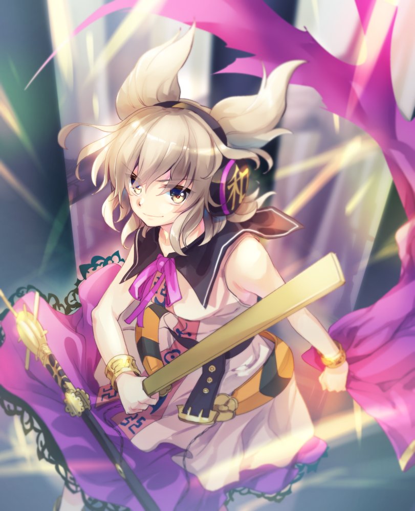 1girl bangs blonde_hair closed_mouth commentary_request earmuffs eyebrows_visible_through_hair holding looking_at_viewer makuwauri neck_ribbon pink_ribbon pointy_hair purple_skirt ribbon ritual_baton short_hair skirt sleeveless smile solo touhou toyosatomimi_no_miko yellow_eyes