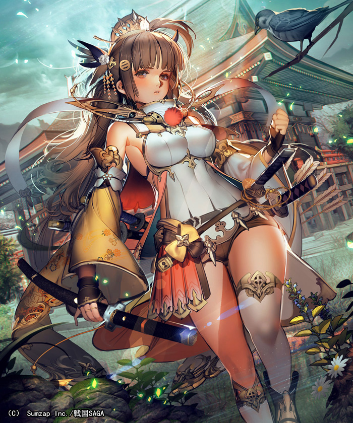 1girl armor armpits asymmetrical_legwear bangs bare_shoulders bird blush branch breasts brown_eyes brown_hair clenched_hand crown detached_sleeves feathers fingernails flower hair_feathers hair_ornament holding holding_sword holding_weapon impossible_clothes katana large_breasts liduke long_hair looking_at_viewer official_art outdoors parted_lips scabbard sengoku_saga sheath short_shorts shorts single_thighhigh solo standing sword thigh-highs walking watermark weapon