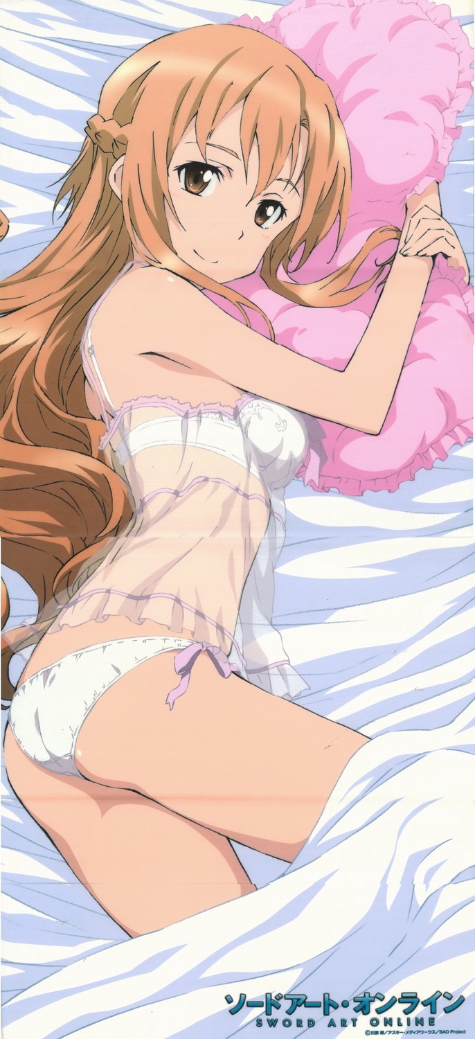 1girl asuna_(sao) bed_sheet brown_eyes brown_hair highres looking_at_viewer official_art pillow pillow_hug see-through sword_art_online underwear