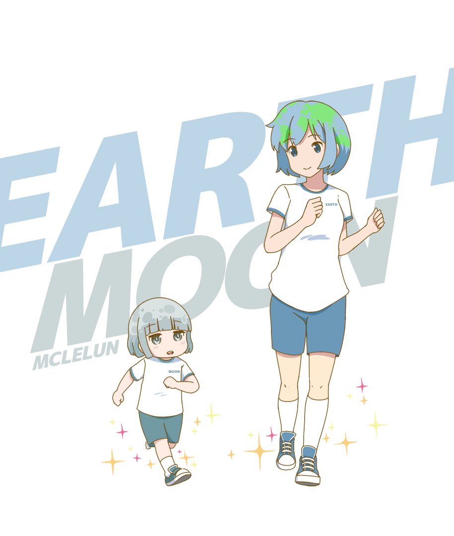 :d artist_name blue_eyes blue_footwear blue_shorts blush bright_pupils character_name child closed_mouth commentary earth-chan eyebrows_visible_through_hair grey_eyes mclelun moon-chan multicolored_hair open_mouth original running shirt shoes short_hair shorts silver_hair smile socks sparkle white_legwear white_shirt