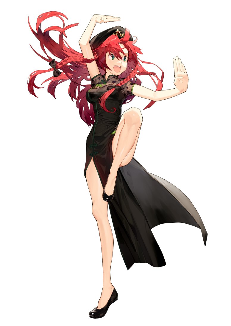 1girl :d arm_up bare_legs black_dress black_footwear braid china_dress chinese_clothes copyright_request dress fighting_stance full_body green_eyes hands_up hat hong_meiling leg_up long_hair misoni_comi open_mouth pelvic_curtain redhead shoes simple_background smile solo standing standing_on_one_leg touhou upper_teeth white_background