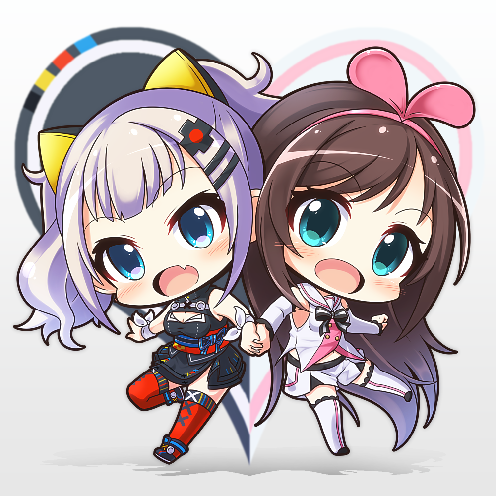 2girls :d a.i._channel bangs bare_shoulders black_dress black_footwear blue_eyes blush breasts brown_hair chibi cleavage cleavage_cutout commentary_request crossover detached_sleeves dress eyebrows_visible_through_hair fang hair_ornament hairband hand_holding head_tilt interlocked_fingers kaguya_luna kaguya_luna_(character) kizuna_ai long_hair long_sleeves looking_at_viewer medium_breasts multiple_girls obi open_mouth pink_hairband pink_ribbon red_legwear ribbon sash shachoo. shirt shoes short_shorts shorts sidelocks silver_hair sleeveless sleeveless_dress sleeveless_shirt smile thigh-highs twintails very_long_hair white_legwear white_shirt white_shorts