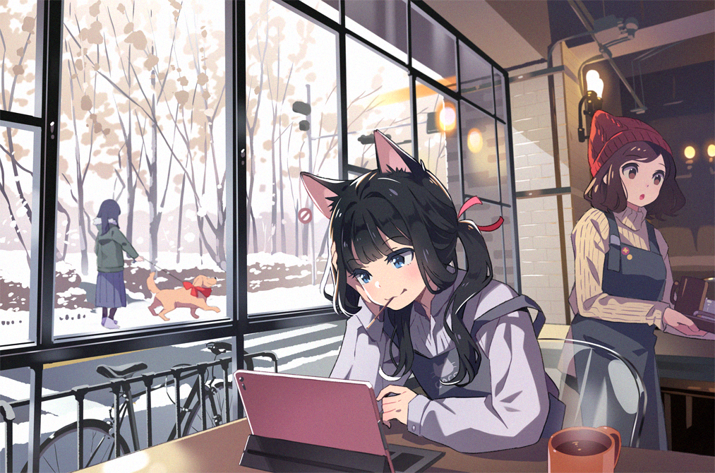 3girls :o animal_ears apron bf._(sogogiching) bicycle black_hair blue_eyes brick_wall brown_hair chair coffee coffee_mug computer dog food ground_vehicle hair_ribbon laptop leash lights long_sleeves multiple_girls original pocky ribbon road_sign scarf sign snow steam table traffic_light tray tree turtleneck window winter_clothes