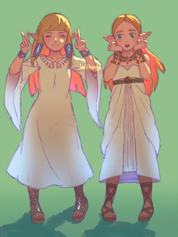 2girls bellhenge blonde_hair bracelet double_v dress dual_persona full_body jewelry multiple_girls necklace pointy_ears princess_zelda sandals simple_background smile the_legend_of_zelda the_legend_of_zelda:_breath_of_the_wild the_legend_of_zelda:_skyward_sword v white_dress