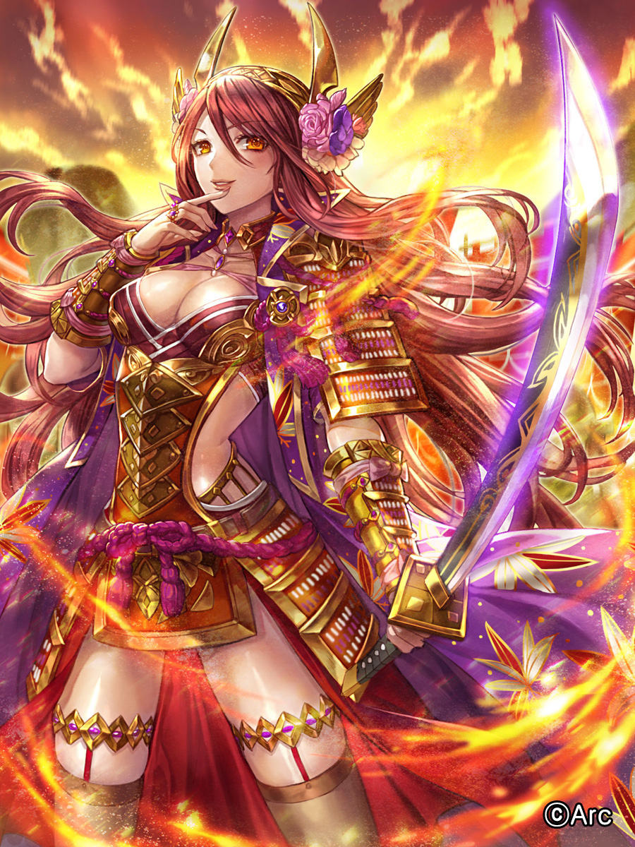 1girl armor bangs box_(hotpppink) breasts brown_belt brown_hair brown_legwear cleavage clouds cloudy_sky coat collarbone commentary_request company_name evening eyebrows_visible_through_hair finger_to_mouth fire floating_hair floral_print flower gem glowing glowing_sword glowing_weapon gold_armor gradient_sky hair_between_eyes hair_flower hair_ornament high_collar highres holding holding_sword holding_weapon horned_headwear japanese_armor jewelry katana kusazuri legs_apart long_hair looking_at_viewer medium_breasts nail_polish official_art open_clothes open_coat orange_eyes orange_sky outdoors parted_lips pendant pink_flower pink_nails pink_ribbon print_coat purple_coat pyrokinesis ribbon ring rope sengoku_kishin_valkyrie shimenawa shiny shiny_skin sky sleeveless_coat smile sode solo standing sunset swept_bangs sword tassel thigh-highs thigh_strap tiara vambraces very_long_hair weapon wind winged_headwear yellow_sky