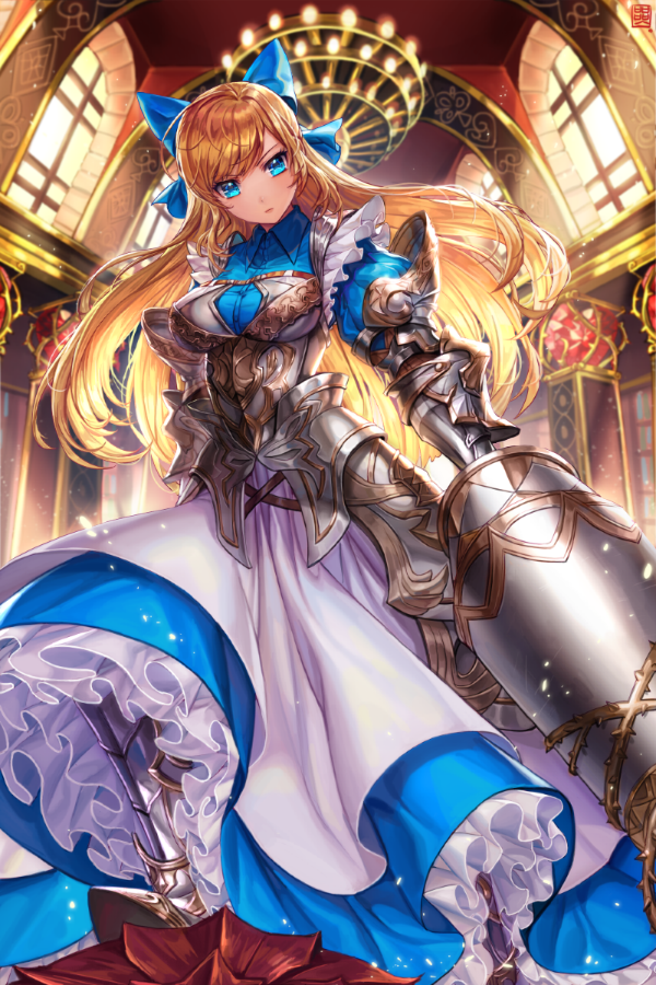 1girl alice_(wonderland) alice_in_wonderland armor armored_boots armored_dress bangs blonde_hair blue_bow blue_dress blue_eyes boots bow box_(hotpppink) breasts buttons chandelier closed_mouth collared_dress commentary_request day dress eyebrows_visible_through_hair faulds floating_hair from_below gem hair_bow heart holding holding_weapon indoors knee_up knight light_particles long_dress long_hair looking_at_viewer looking_down medium_breasts original petticoat pillar plackart serious shiny shiny_hair solo spikes standing straight_hair sunlight swept_bangs tsurime v-shaped_eyebrows warrior weapon window