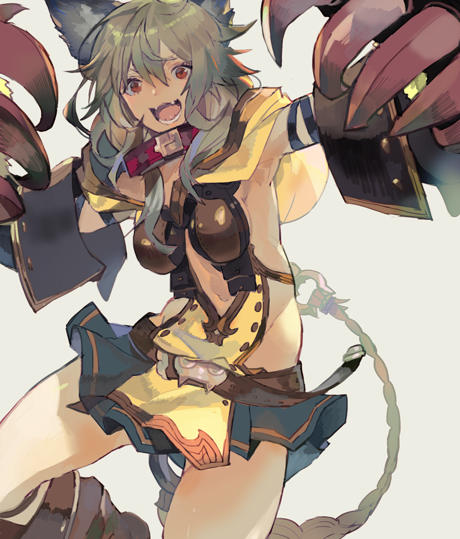 1girl :3 :d animal_ears arms_up bangs belt belt_collar breasts claws collar copyright_request fangs granblue_fantasy green_hair hair_between_eyes jumping kibadori_rue looking_at_viewer medium_breasts navel open_mouth red_eyes revealing_clothes sen_(granblue_fantasy) smile solo