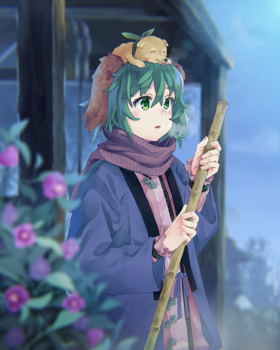 1girl animal animal_ears animal_on_head bangs blue_jacket blue_sky blurry blurry_background blurry_foreground breath broom bush commentary_request dog dress eyebrows_visible_through_hair fingernails flower green_eyes green_hair highres holding jacket kasodani_kyouko long_sleeves mumyuu on_head outdoors pink_dress scarf sky solo touhou