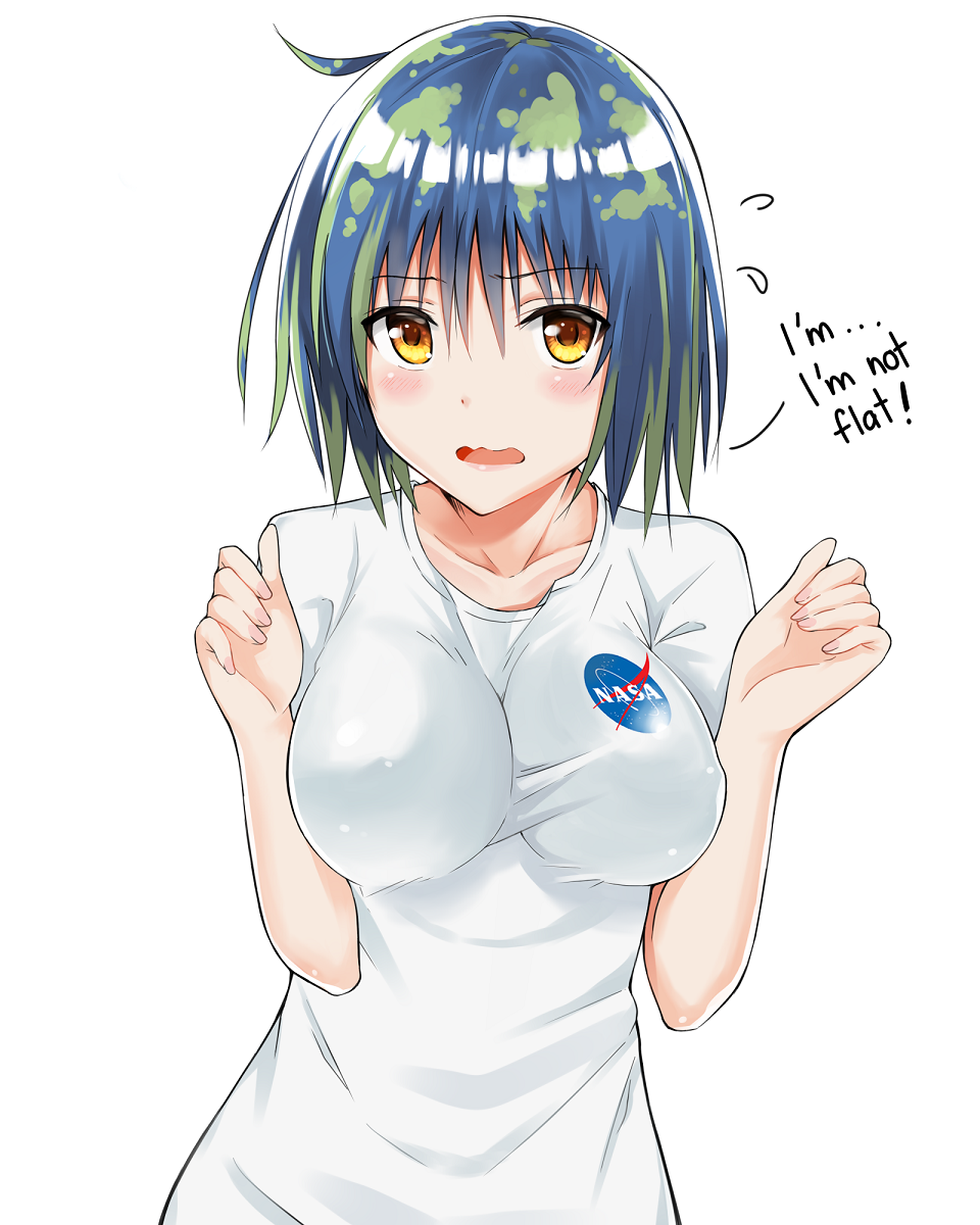 1girl alternate_breast_size bangs blue_hair blush borrowed_character breasts collarbone covered_nipples earth-chan english green_hair highres j@ck large_breasts lips long_head long_shirt looking_at_viewer multicolored multicolored_eyes multicolored_hair nail nasa nasa_logo no_bra open_mouth original pale_skin shirt short_hair solo t-shirt taut_clothes taut_shirt wavy_mouth white_background wide_hips yellow_eyes