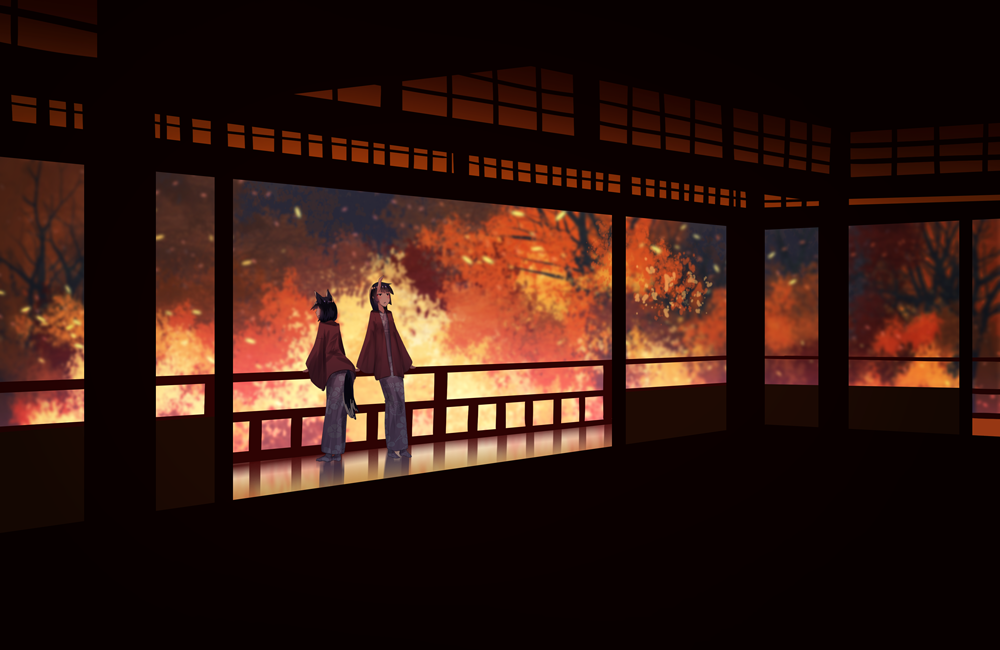 2girls against_railing animal_ears black_hair commentary_request dark forest fox_ears fox_tail jacket japanese_clothes long_sleeves miko multiple_girls nature oni_horns outdoors railing red_jacket reflection scenery short_hair skirt standing tail tree wide_sleeves zennmai_siki