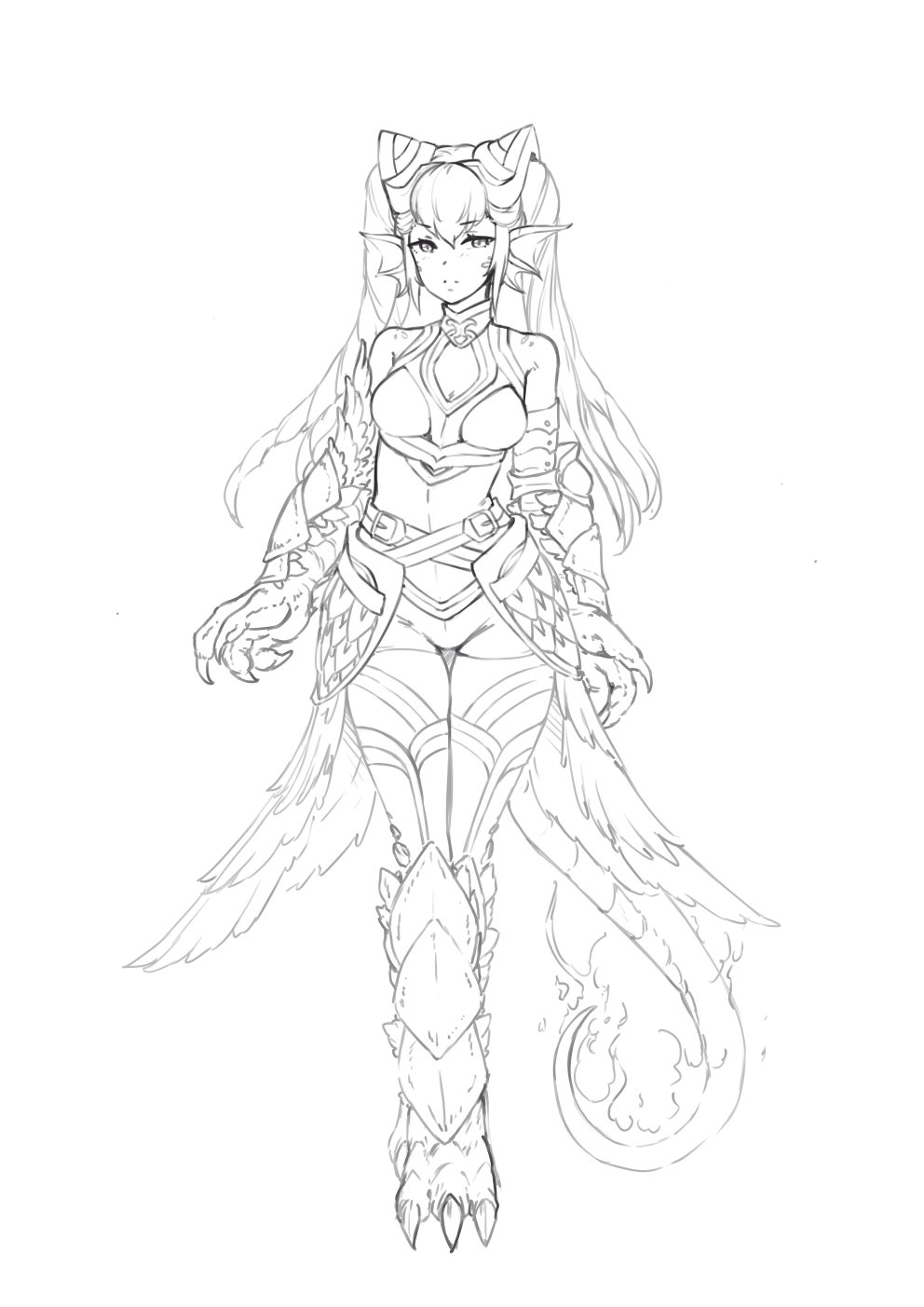 1girl barbariank bare_shoulders belt claws commentary eyebrows_visible_through_hair feather_trim feathers fiery_tail fire_emblem frown full_body greyscale hair_ornament head_fins highres laevateinn_(fire_emblem_heroes) lineart lizard_tail long_hair looking_at_viewer monochrome monster_girl monster_girl_encyclopedia monsterification paws salamander_(monster_girl_encyclopedia) scales solo tail thigh_gap twintails