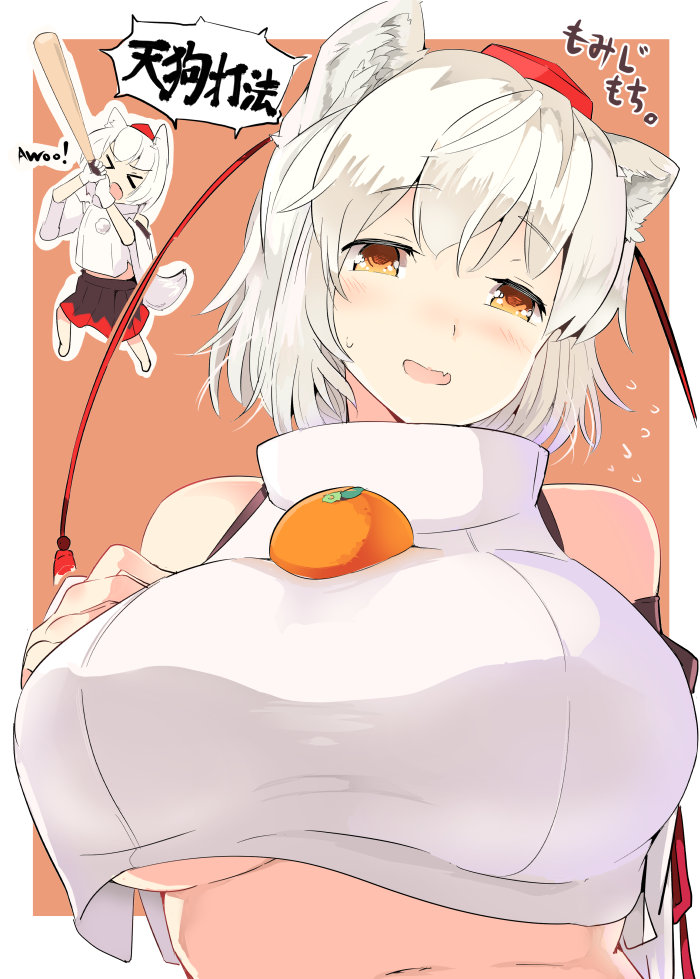 1girl animal_ears black_skirt breasts commentary_request crop_top fang flying_sweatdrops food fruit hat inubashiri_momiji large_breasts looking_at_viewer looking_down_at_viewer mandarin_orange orange_background orange_eyes puuakachan skirt smile tokin_hat touhou translation_request turtleneck under_boob upper_body white_hair wolf_ears