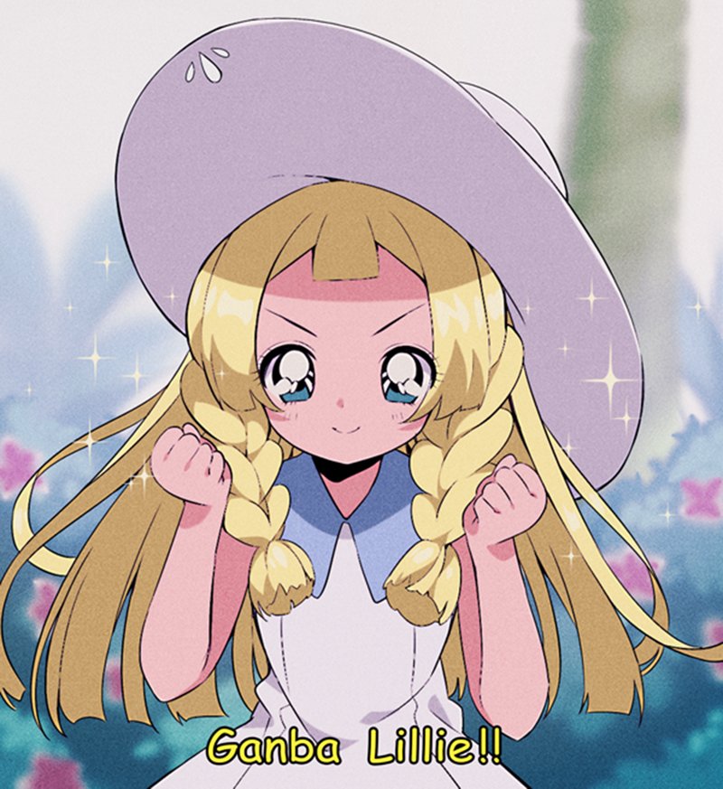 !! &gt;:) 1girl 90s blonde_hair blue_eyes braid bush clenched_hands dress flower hat lillie_(pokemon) long_hair looking_at_viewer outdoors pokemon pokemon_(game) pokemon_sm sleeveless sleeveless_dress smile solo sparkle subtitled sun_hat text twin_braids