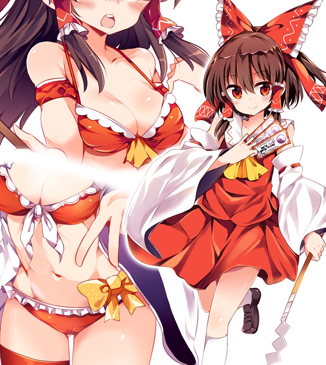 1girl ascot bare_shoulders between_fingers bikini blush bow breasts brown_hair cleavage commentary_request detached_sleeves frills gohei hair_bow hair_tubes hakurei_reimu highres kneehighs looking_at_viewer maturiuta_sorato medium_breasts midriff ofuda open_mouth red_bikini red_bow red_eyes red_shirt red_skirt shirt shoes simple_background skirt sleeveless sleeveless_shirt smile solo swimsuit touhou white_background white_legwear yellow_bow yellow_neckwear