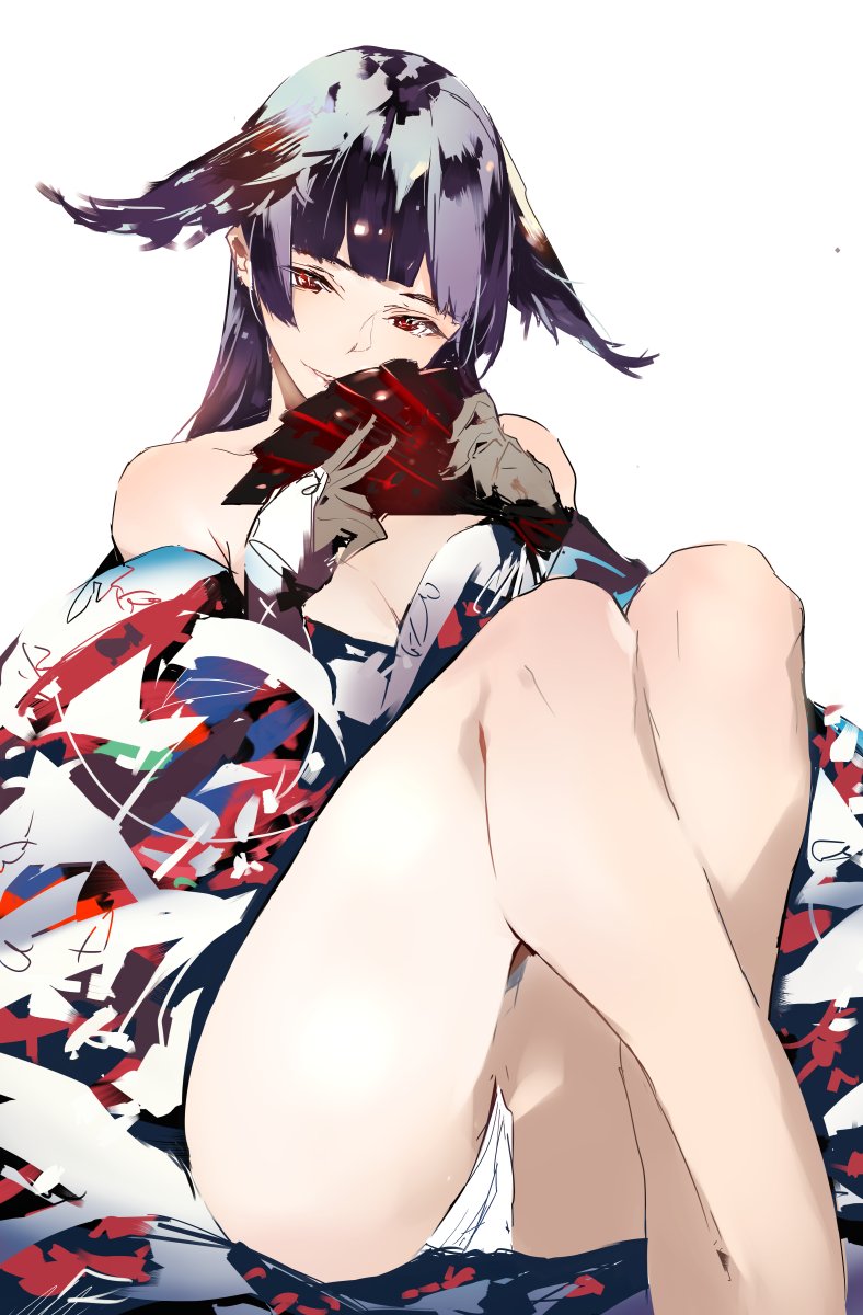 1girl animal_ears bare_legs breasts cleavage commentary_request ears_down fan feet_out_of_frame folding_fan fox_ears gloves head_tilt highres japanese_clothes kimono large_breasts long_hair multicolored multicolored_clothes multicolored_kimono off_shoulder original panties purple_hair red_eyes shunsei_(muratou) simple_background sketch smile solo underwear white_background white_gloves white_panties