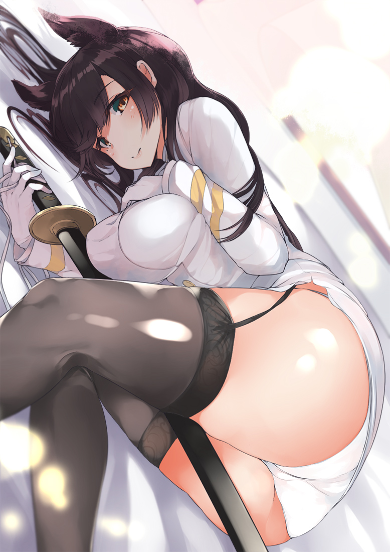1girl animal_ears atago_(azur_lane) azur_lane bangs black_legwear blonde_hair blush breasts closed_mouth commentary_request dutch_angle eyebrows_visible_through_hair fox_ears garter_straps gloves hand_on_own_chest holding holding_sword holding_weapon large_breasts legs_together long_hair long_sleeves looking_at_viewer lying military military_uniform minari_(haib) mole mole_under_eye on_side panties pencil_skirt sheath sheathed skirt smile solo swept_bangs sword underwear uniform weapon white_gloves white_panties white_skirt yellow_eyes